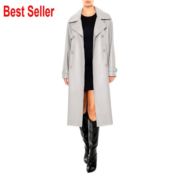 Faux Leather Notched Trench Coat with Removable Belt
